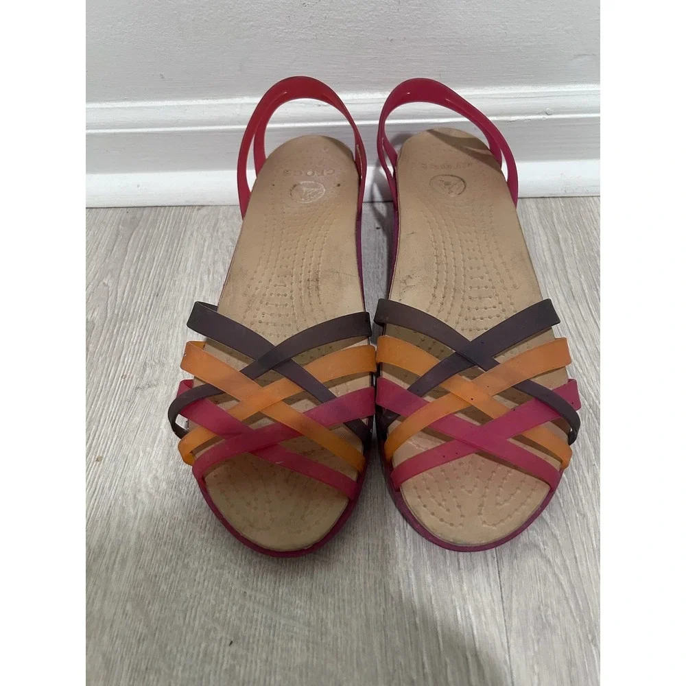 Crocs‎ Huarache Strappy Wedge Sandals Pink Orange Rainbow Womens Size 10